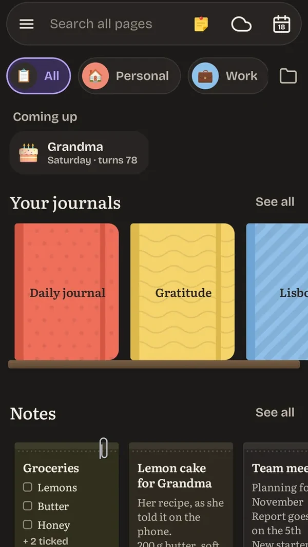 The app's home screen in the dark theme.