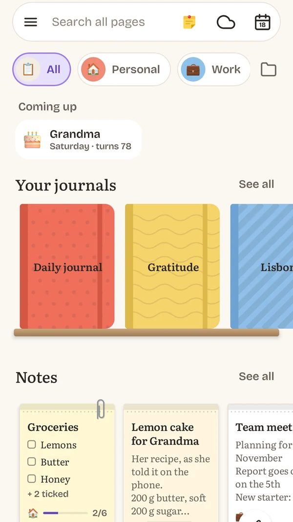 The app's home screen: folders, a birthday coming up, a shelf of journals with coloured covers, and notes.