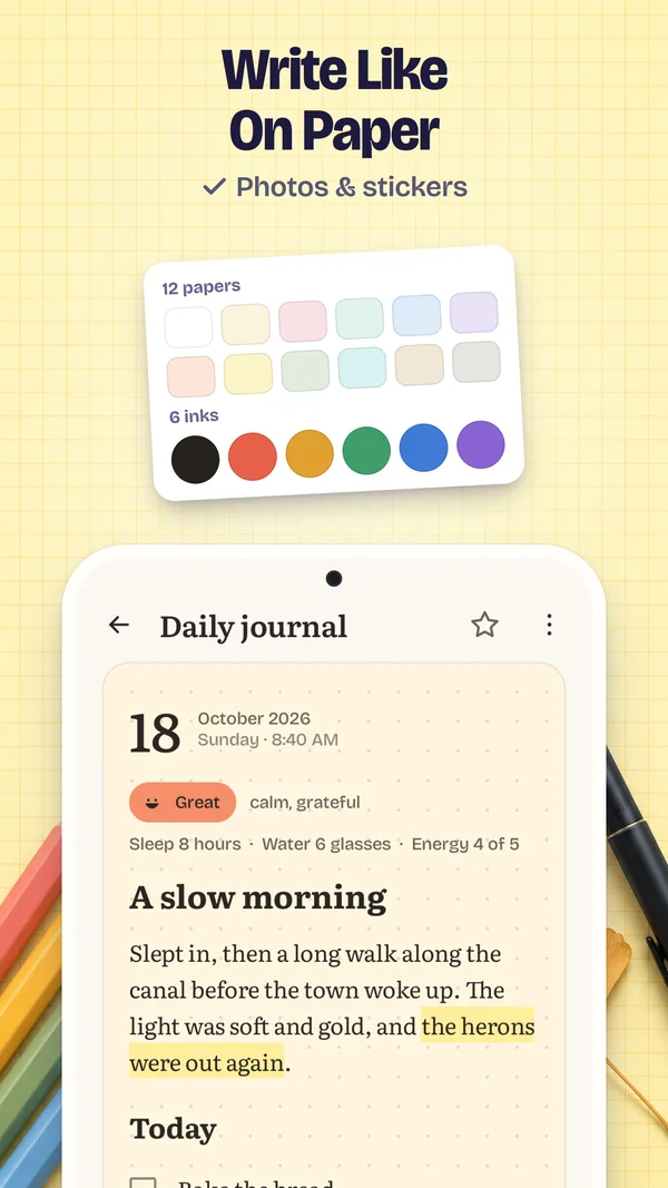 Write Like On Paper: A journal page, with 12 paper tints and 6 inks.