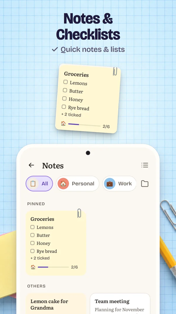 Notes & Checklists: Notes in folders with a pinned grocery checklist.