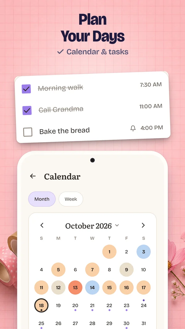Plan Your Days: The calendar by month, and the day's tasks with times.