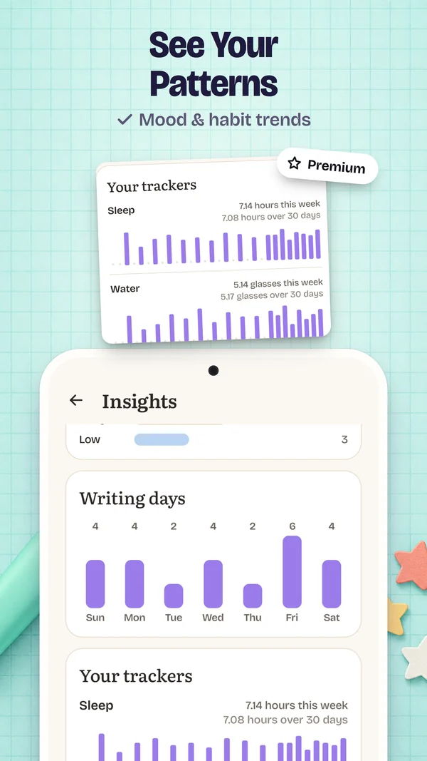 See Your Patterns: Insights: writing days and trackers over 30 days, with Premium.