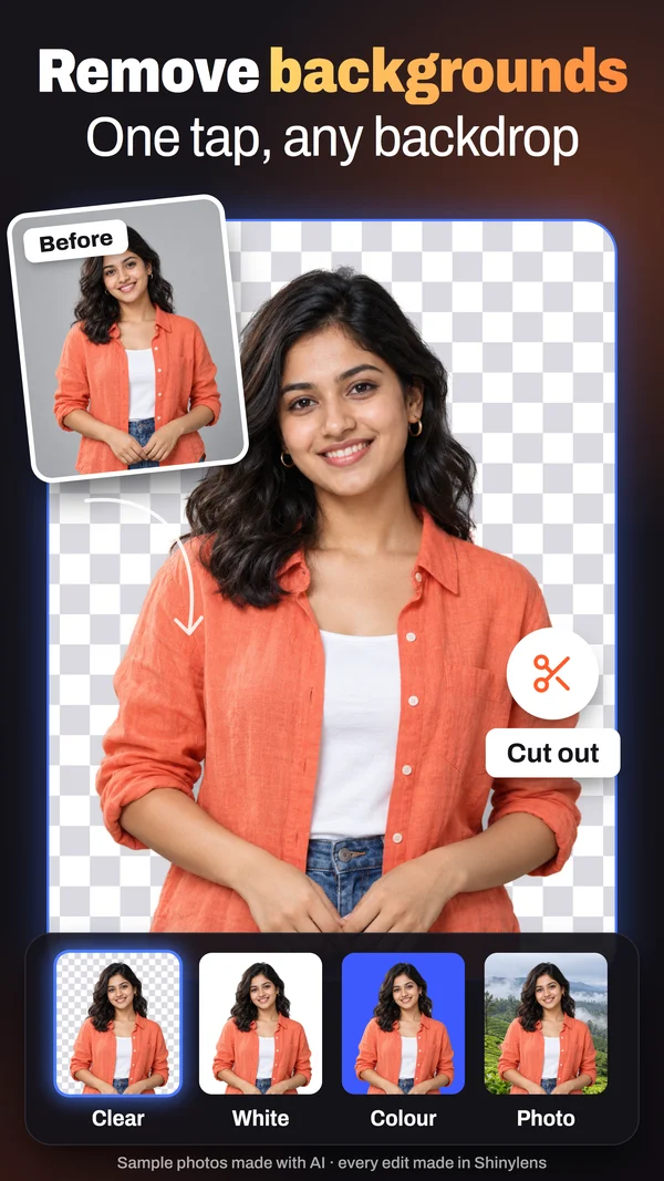 Remove backgrounds: A portrait cut out with Cut out, shown on Clear, with White, Colour and Photo backdrops.