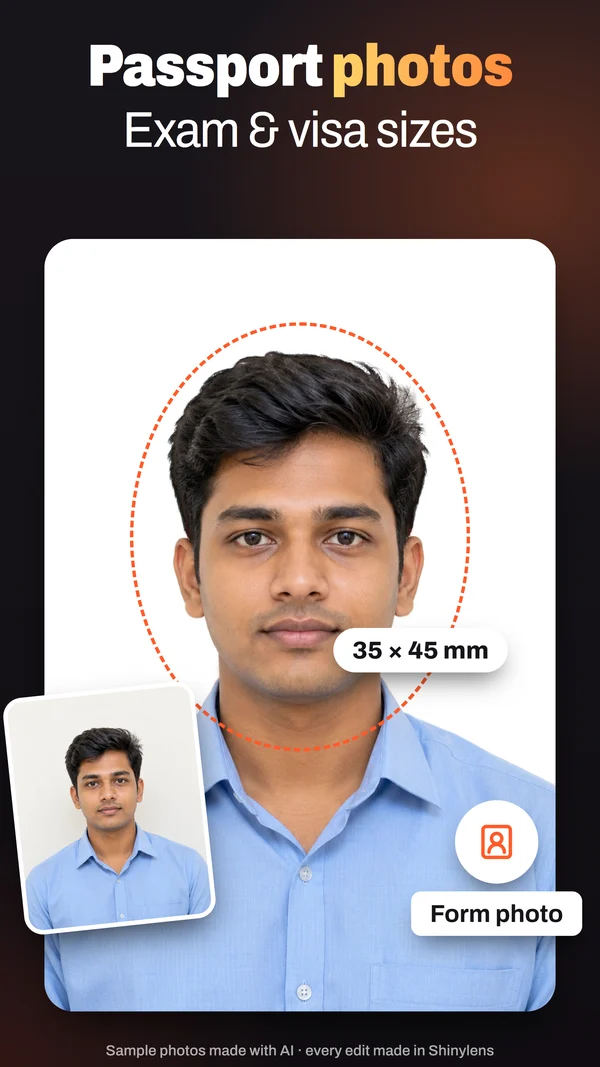 Passport photos: A portrait on white with a 35 × 45 mm face guide.