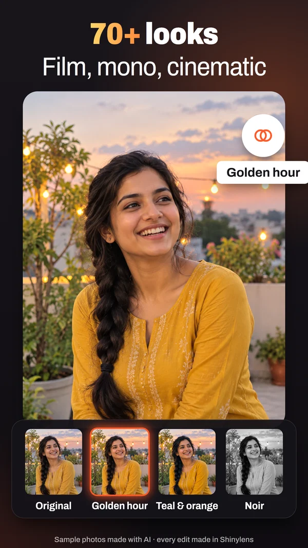 70+ looks: A rooftop portrait with the Golden hour look, beside Teal & orange and Noir.